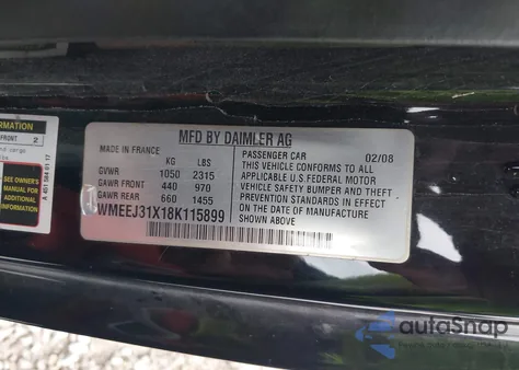 2008 Smart Fortwo Passion/Pure from USA, damaged, VIN WMEEJ31X18K115899